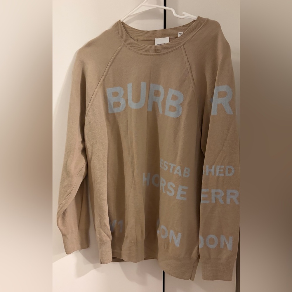 Burberry Tan Sweater with Blue Lettering